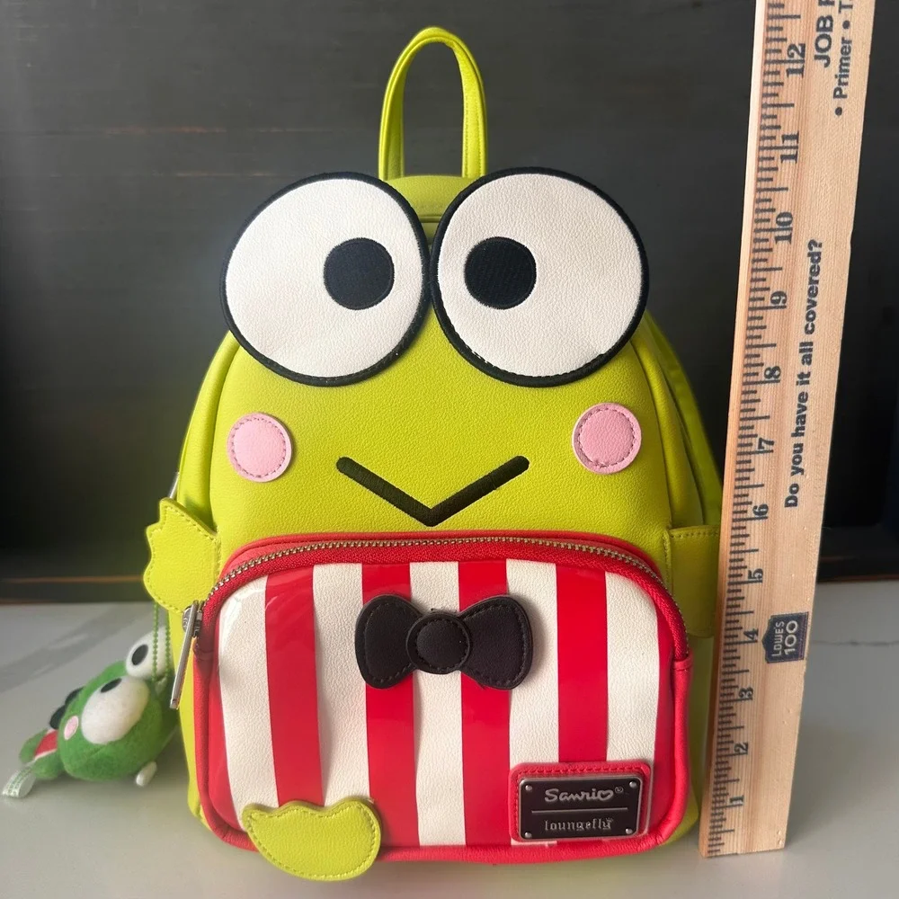 Sanrio Loungefly Keroppi Frog Mini Backpack Green Red Striped with Plush Charm